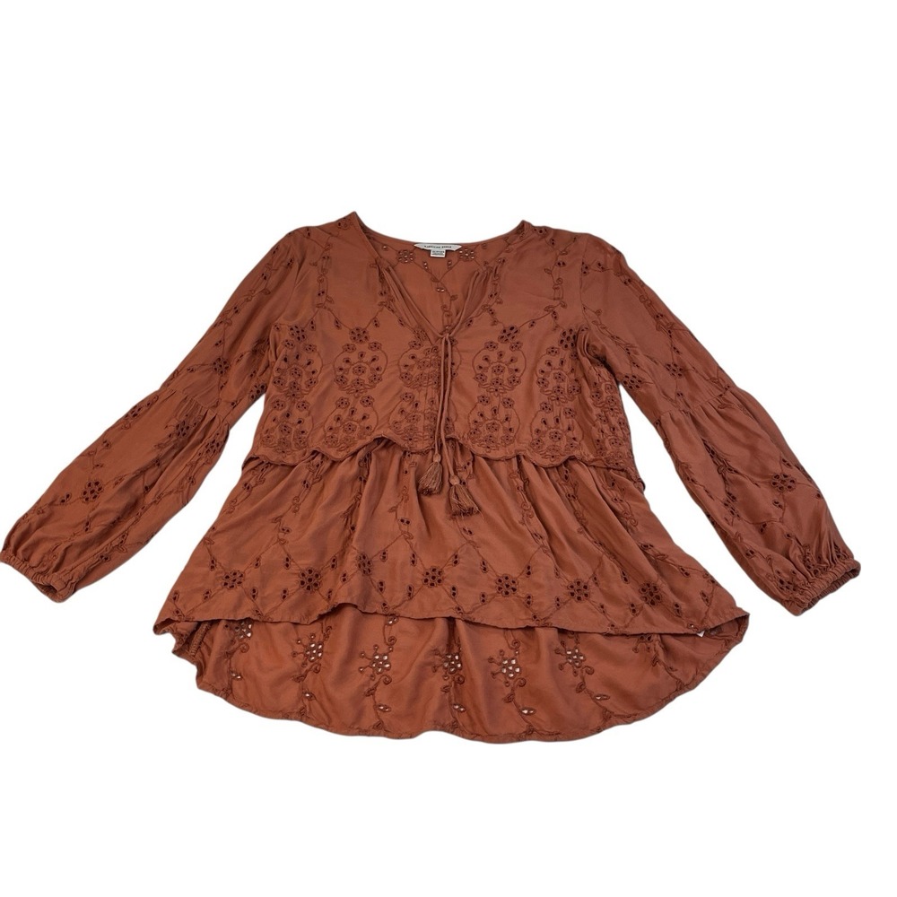 American Eagle Women's‎ Rust Embroidered Long Sleeve Peasant Blouse Size XS